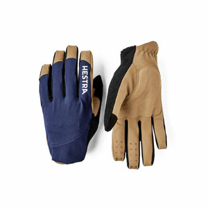 Hestra blue and tan cycling gloves showing front and back views