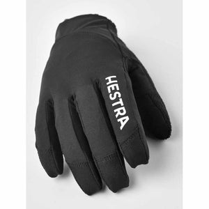 Black Hestra glove with white brand logo on the index finger