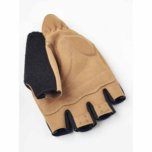 Tan and black fingerless weightlifting glove with padded palm