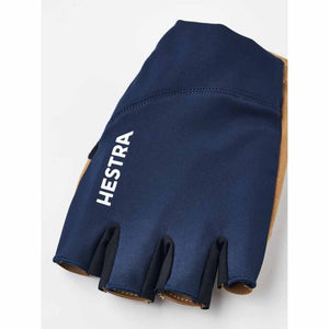 Hestra fingerless navy blue cycling glove with tan leather palm