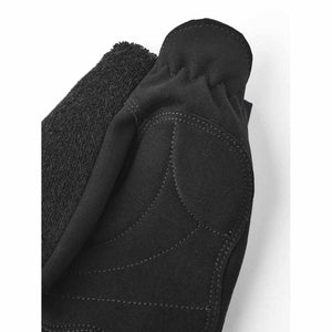 Close up of black cycling glove palm with padded grip and textured thumb wipe