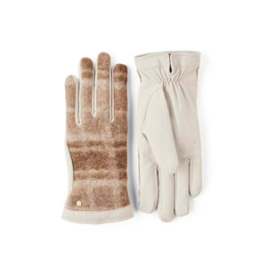 Hestra gloves with beige leather palms and brown wool plaid backs