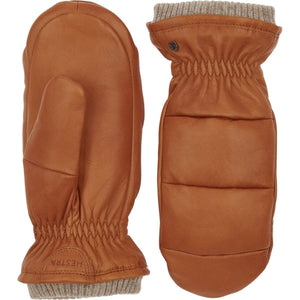 Hestra tan leather mittens with ribbed knit cuffs