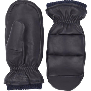 Hestra navy blue leather mittens with ribbed cuffs