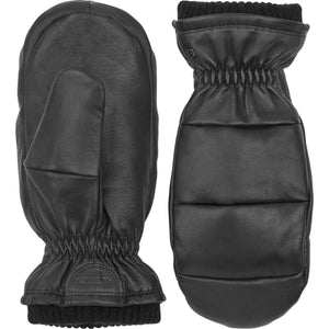 Hestra black leather mittens with ribbed cuffs