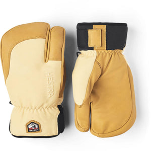 Hestra tan and beige leather three finger ski mittens with black wrist cuffs