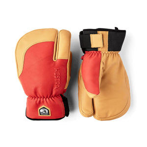 Hestra three finger ski mittens in red and tan leather with black wrist straps