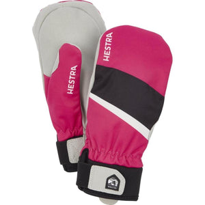 Hestra pink and grey winter mittens with black and white diagonal stripes