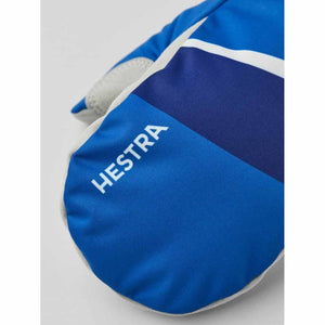 Blue and white Hestra mitten with grey palm detail