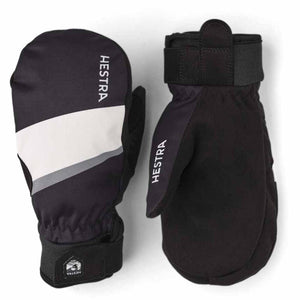 Hestra black and white insulated mittens with adjustable wrist straps