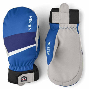 Hestra blue and grey children mittens with velcro wrist straps