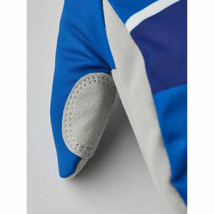 Close up of Hestra blue glove thumb with grey suede reinforcement patch