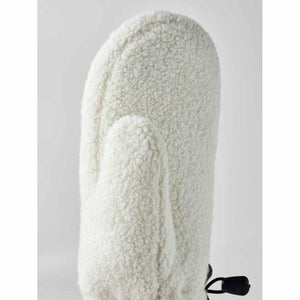 Hestra off-white teddy fleece mitten with black drawstring toggle