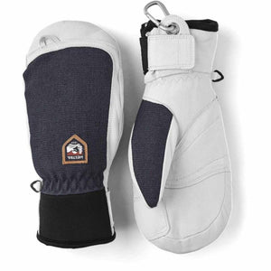 Hestra white and navy leather ski mittens with carabiner attachment