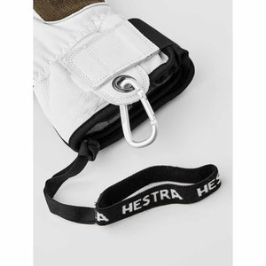 Hestra white leather glove cuff with attached carabiner and branded wrist strap