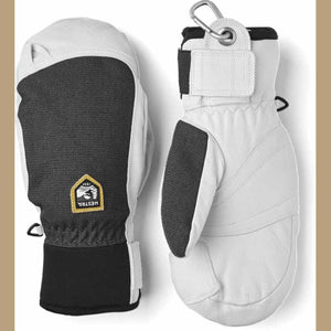 Hestra white and black leather ski mittens with carabiner attachment