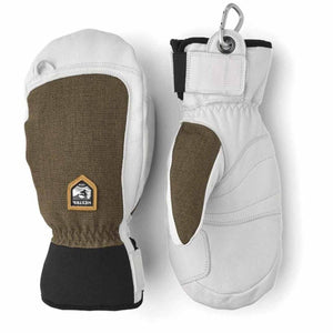 Hestra white and brown leather ski mittens with Hestra logo patch