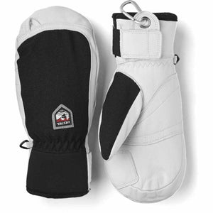 Hestra white and black leather ski mittens with wrist straps and carabiner