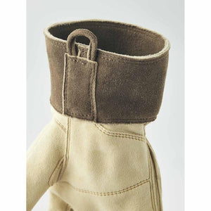 Hestra glove cuff detail featuring tan suede leather and a dark brown suede pull tab