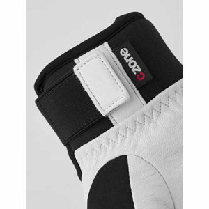 Close up of black and white Hestra CZone glove cuff with velcro strap