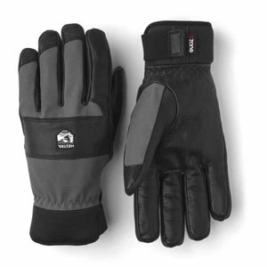 Hestra black and grey leather ski gloves with adjustable wrist straps