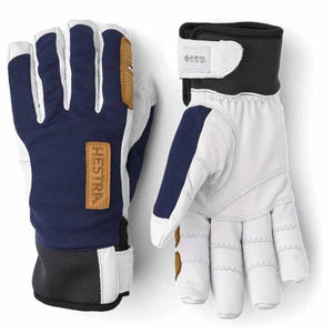 Hestra blue and white leather gloves with Gore-Tex Infinium branding