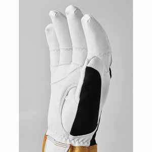 White leather motorcycle glove with black palm patch and tan cuff