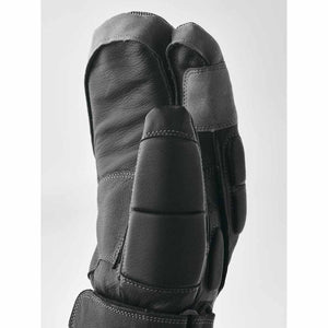 Hestra black leather three finger ski glove with grey reinforced fingertips