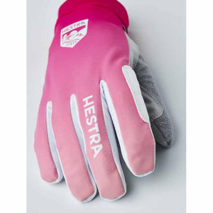 Hestra pink ski glove with white logo and grey palm