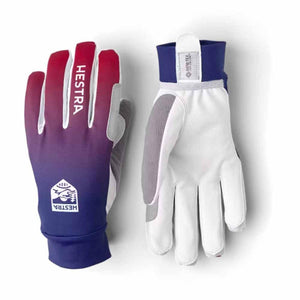 Hestra gloves with purple to red gradient back and white palm