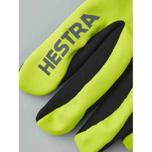 Hestra neon yellow and black glove fingers with brand logo