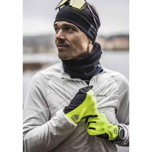 Person wearing neon yellow Hestra gloves with black accents
