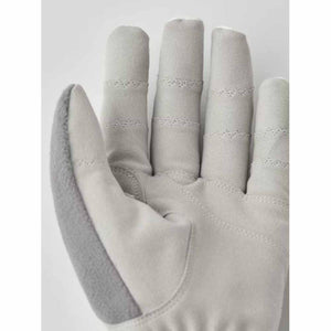 Close up of grey suede work glove palm with stitched finger details