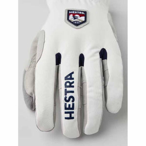 White and grey Hestra glove with brand logo patch and text