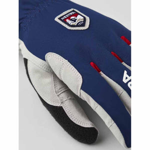 Hestra blue glove with grey suede palm and finger details