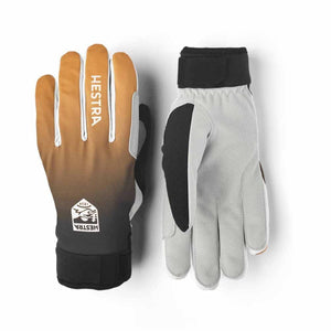 Hestra gloves with brown to black gradient back and grey palm with black wrist strap