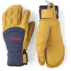Hestra yellow and navy blue leather ski mittens with protective padding
