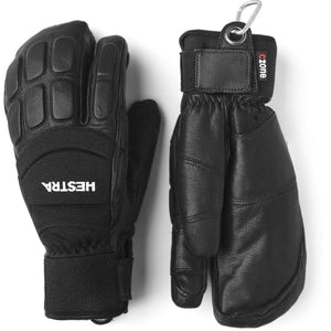 Hestra black leather three finger ski gloves with wrist straps and carabiner
