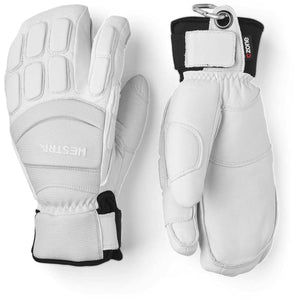 Hestra white leather ski mittens with padded knuckles and wrist strap