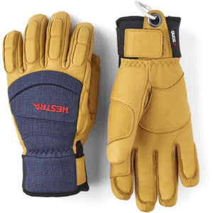 Hestra tan and blue leather ski gloves with velcro wrist straps and carabiner
