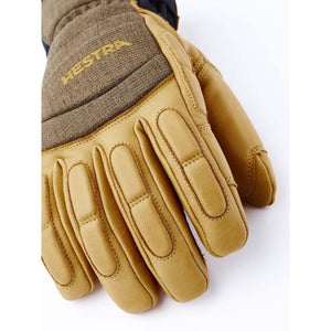 Hestra tan leather and brown fabric glove back view