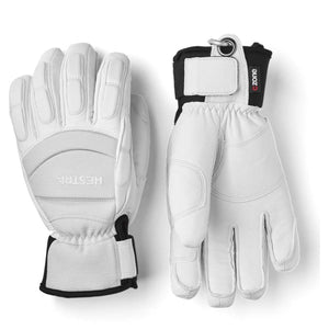Hestra white leather ski gloves with black wrist straps and CZone branding