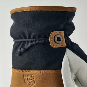 Hestra glove cuff with drawstring closure and leather trim