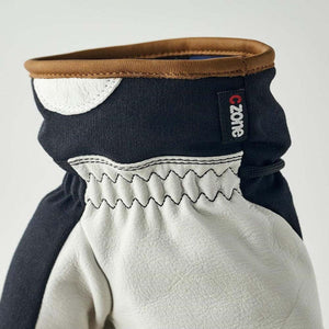 Close up of Hestra glove cuff with CZone label and leather detailing