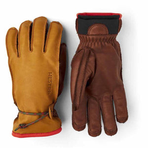 Hestra leather gloves with tan and brown panels and red trim