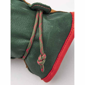 Hestra green leather glove cuff with red trim and drawstring cord
