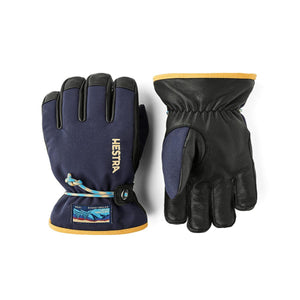 Hestra navy and black leather gloves with yellow trim and drawstring cuff