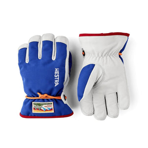 Hestra blue and white leather ski gloves with orange drawstring