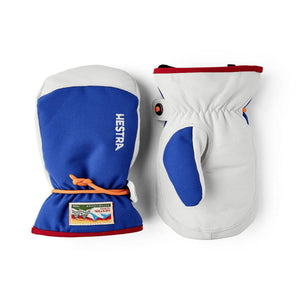 Hestra blue and white leather mittens with orange drawstring