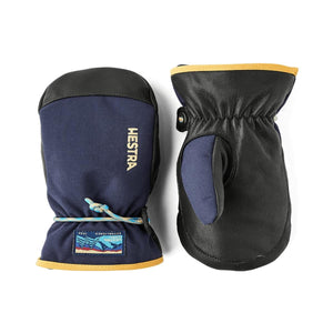 Hestra navy and black leather mittens with yellow trim and logo patch